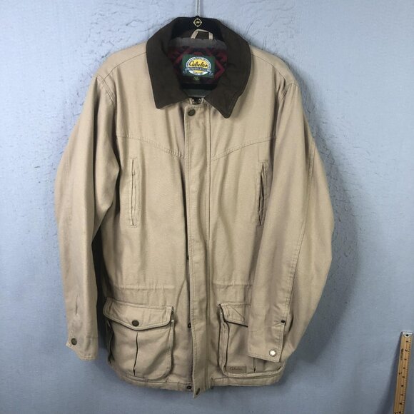 Cabela's Jacket Mens Large Tan Canvas Barn Coat Aztec Fleece Lined Brown Collar